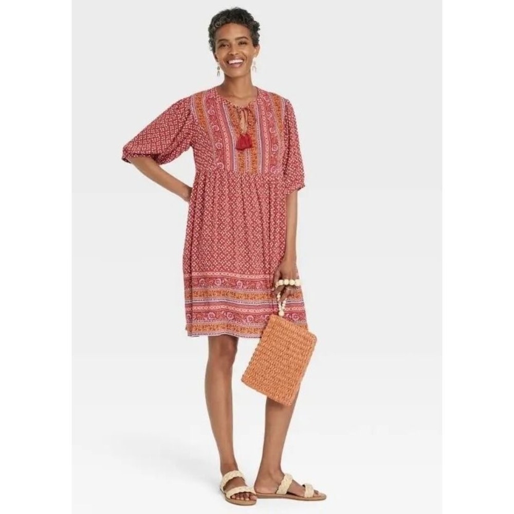 Knox Rose Womens XS Red Boho Embroidered Tassel V-Neck Mini Dress Short Sleeve